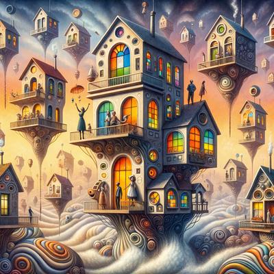 Primary subject: Houses
Setting/background: Sky
Visual style: Digital art
Colors and mood: Colorful, whimsical, and surreal